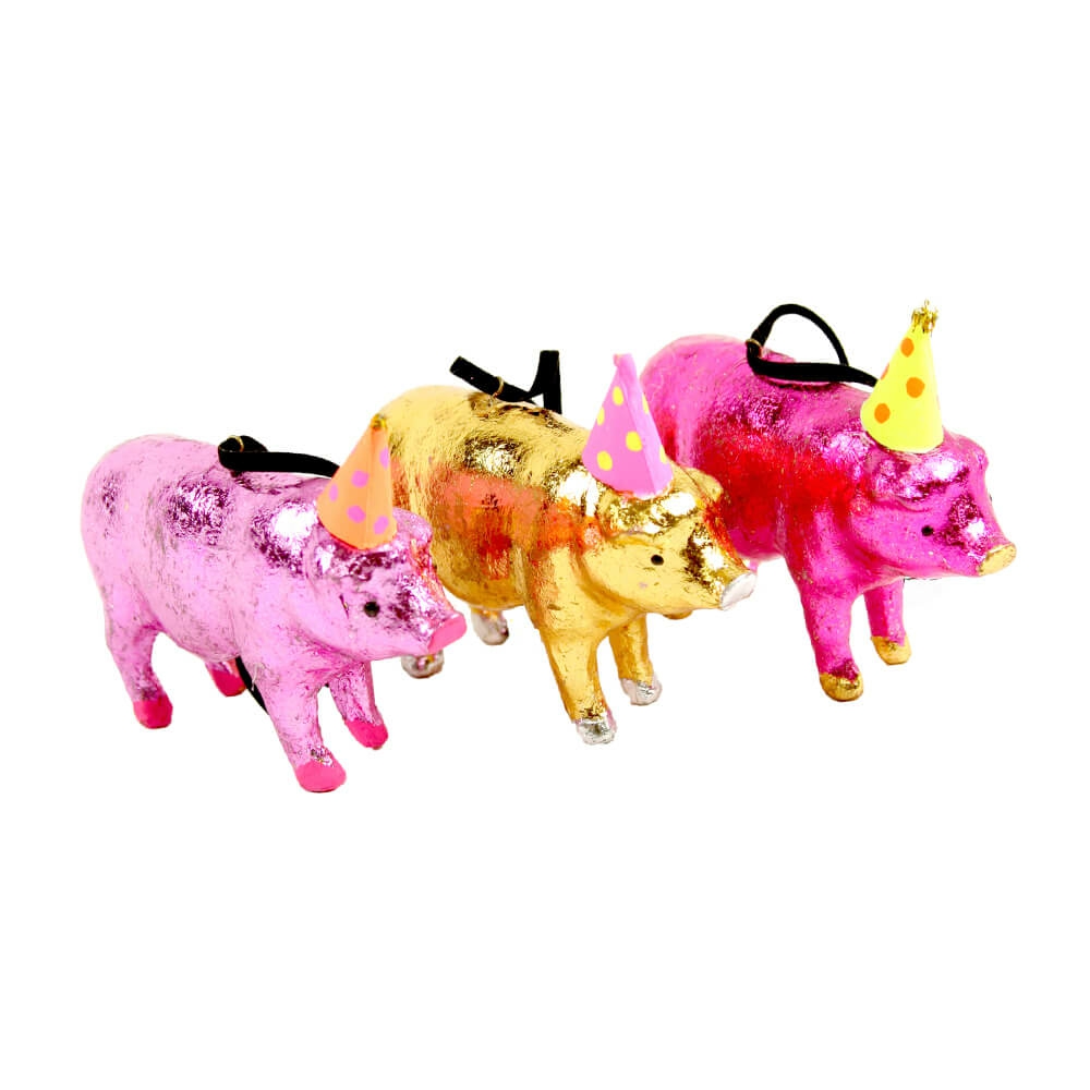 Animals + Insects | Lucky Pig With Party Hat Ornament 3.75"