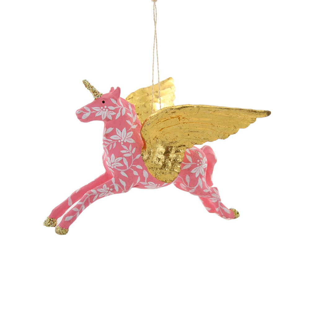 Animals + Insects | Pink Floral Pegasus W/ Gilded Wings Ornament 6"